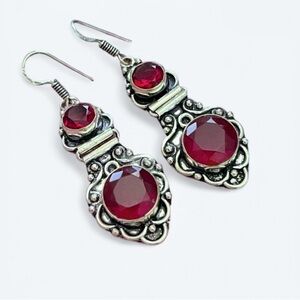 Faceted Red Ruby Garnet Sterling Silver Hinged 2” Earrings